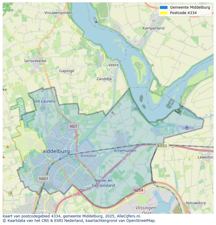 Afbeelding van het postcodegebied 4334 op de kaart.