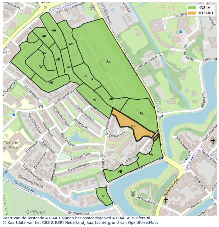 Afbeelding van het postcodegebied 4334 AD op de kaart.