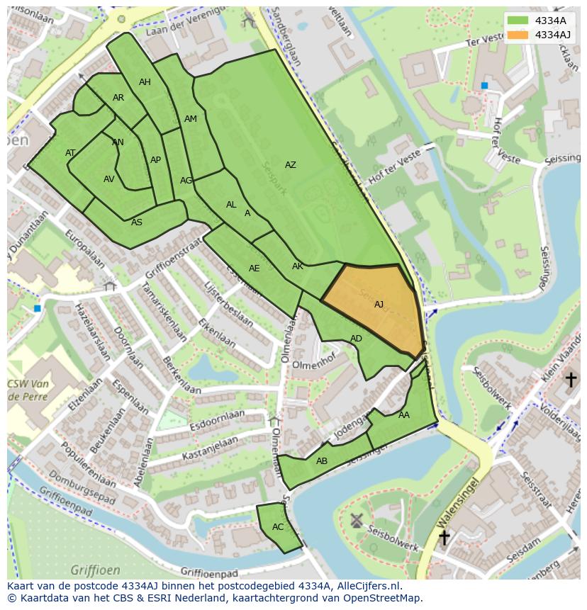 Afbeelding van het postcodegebied 4334 AJ op de kaart.