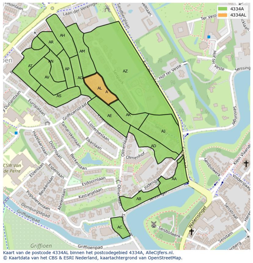 Afbeelding van het postcodegebied 4334 AL op de kaart.