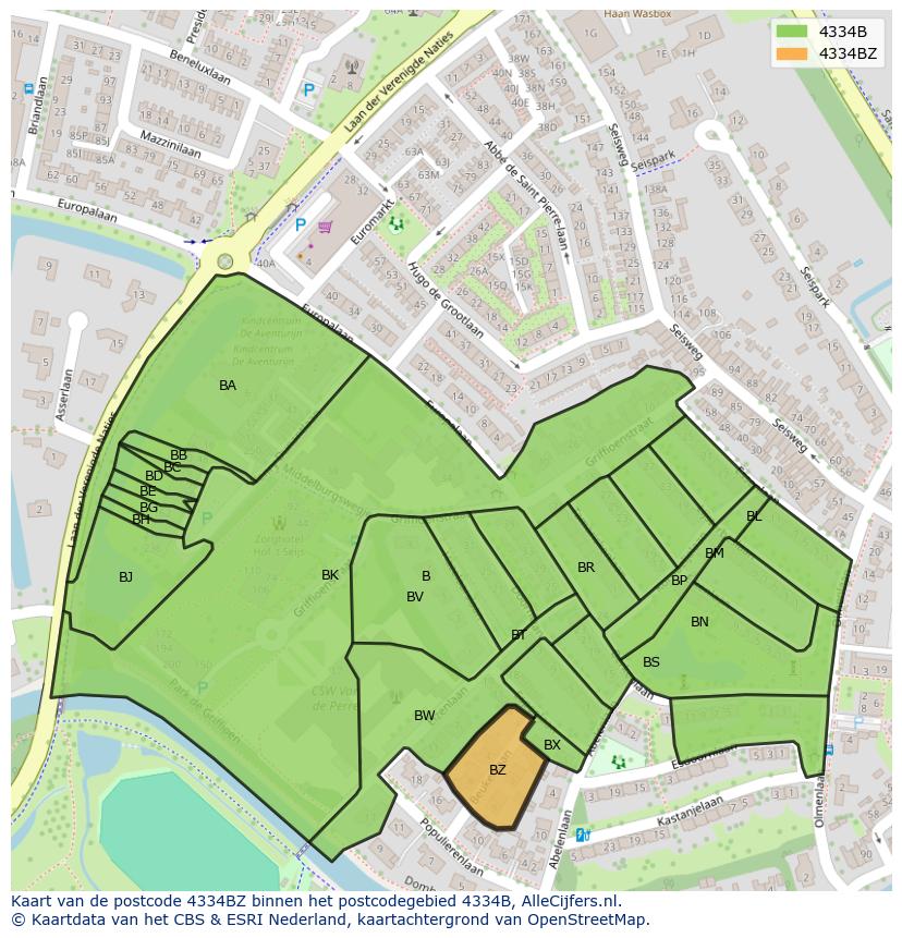 Afbeelding van het postcodegebied 4334 BZ op de kaart.