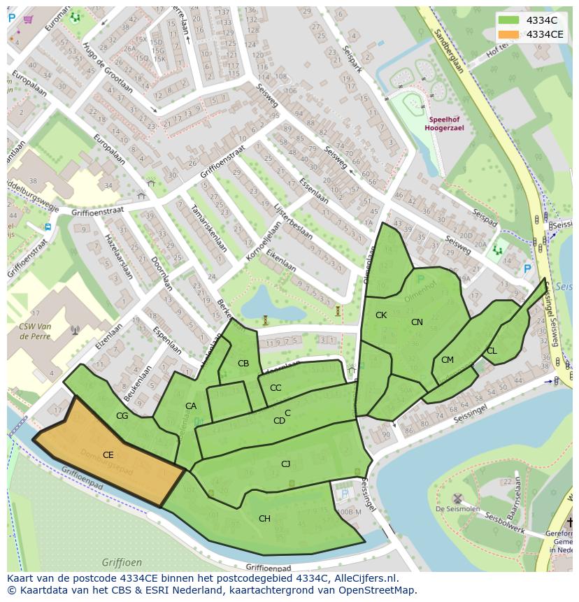 Afbeelding van het postcodegebied 4334 CE op de kaart.