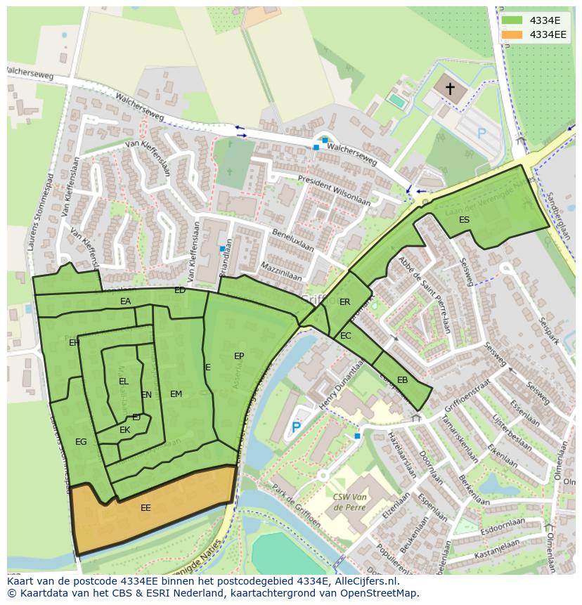 Afbeelding van het postcodegebied 4334 EE op de kaart.