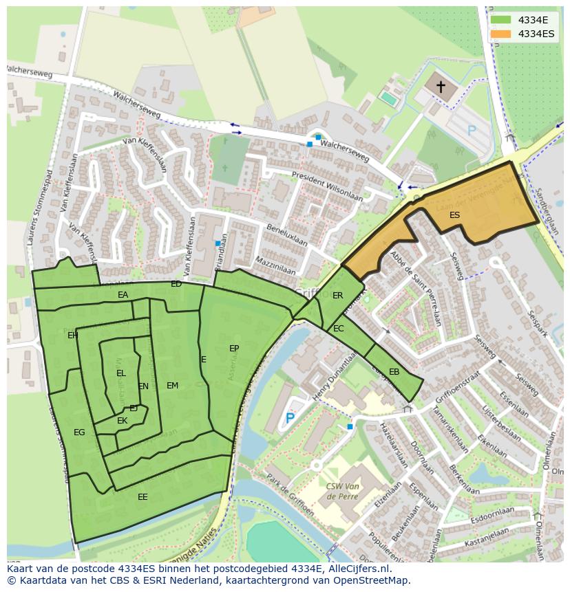 Afbeelding van het postcodegebied 4334 ES op de kaart.