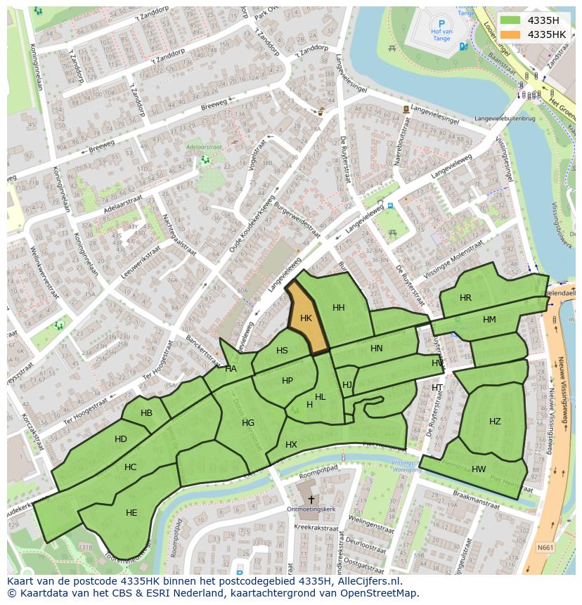 Afbeelding van het postcodegebied 4335 HK op de kaart.