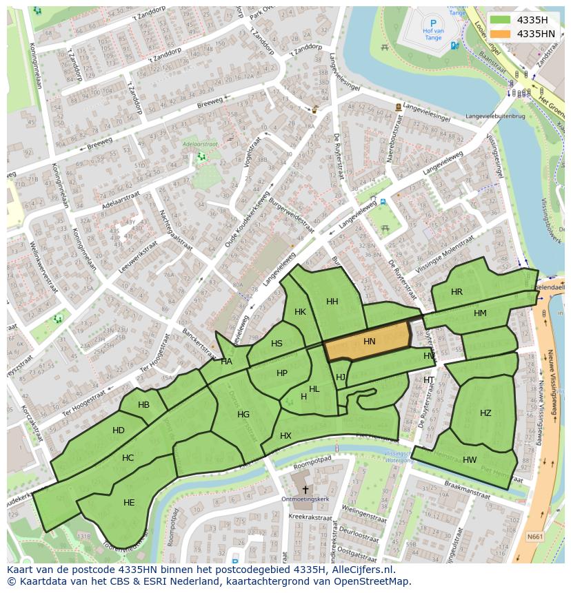 Afbeelding van het postcodegebied 4335 HN op de kaart.