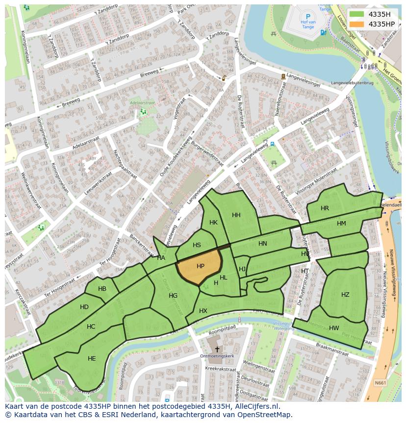 Afbeelding van het postcodegebied 4335 HP op de kaart.