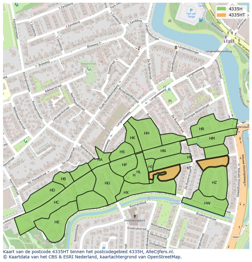 Afbeelding van het postcodegebied 4335 HT op de kaart.