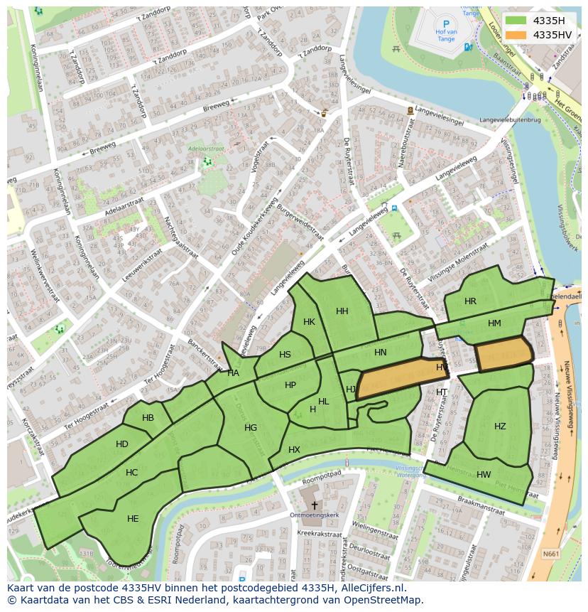 Afbeelding van het postcodegebied 4335 HV op de kaart.