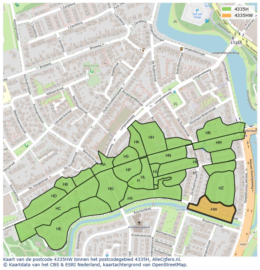 Afbeelding van het postcodegebied 4335 HW op de kaart.