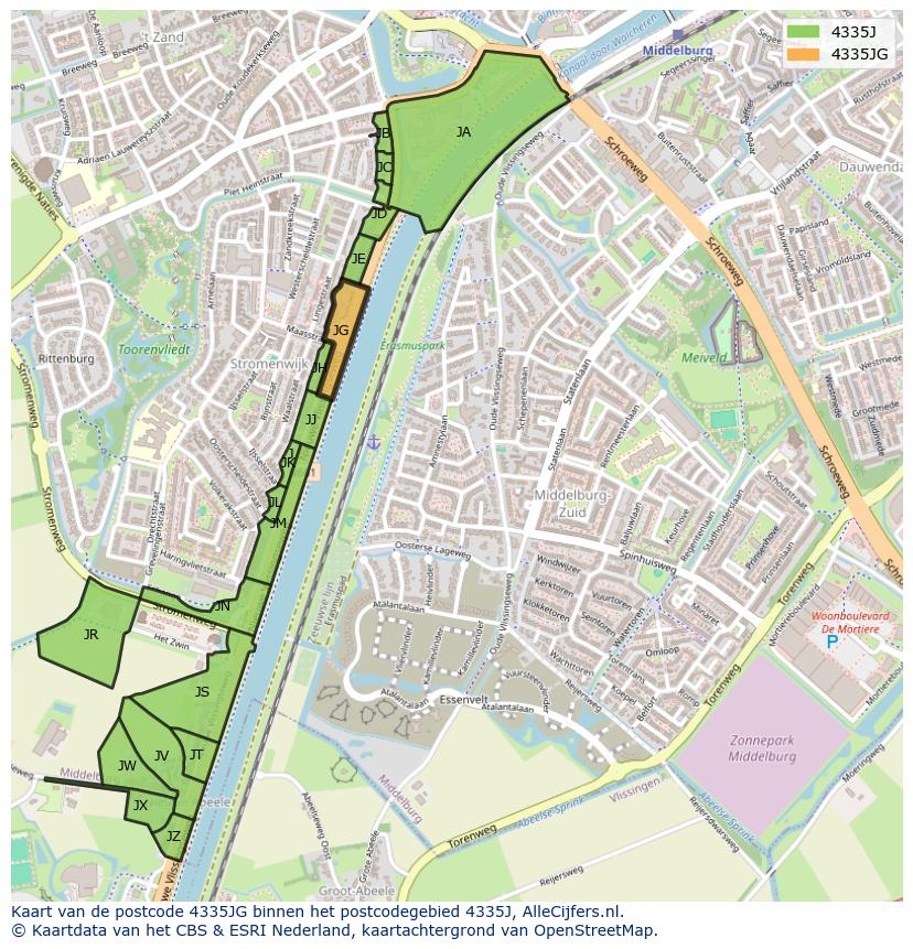 Afbeelding van het postcodegebied 4335 JG op de kaart.