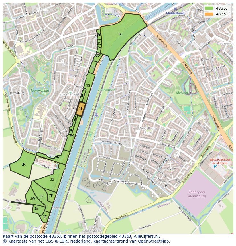 Afbeelding van het postcodegebied 4335 JJ op de kaart.