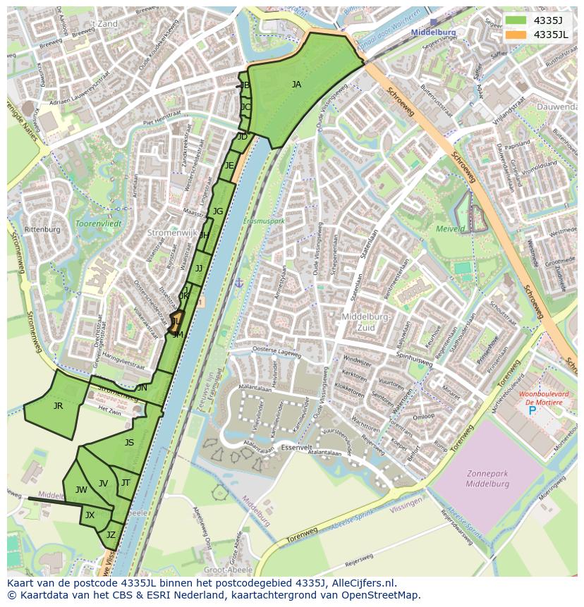 Afbeelding van het postcodegebied 4335 JL op de kaart.