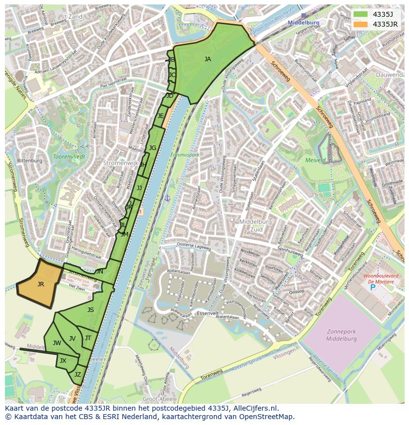 Afbeelding van het postcodegebied 4335 JR op de kaart.