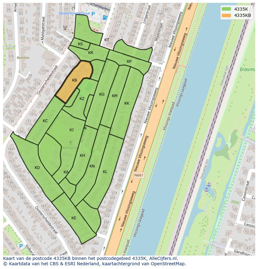 Afbeelding van het postcodegebied 4335 KB op de kaart.