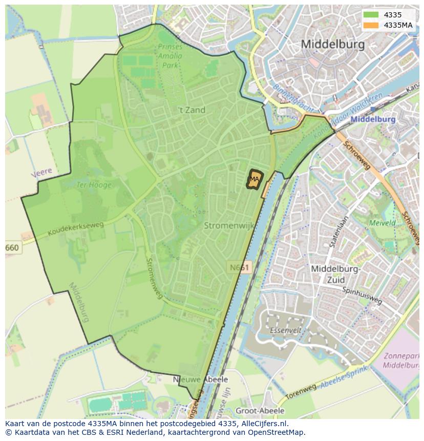 Afbeelding van het postcodegebied 4335 MA op de kaart.