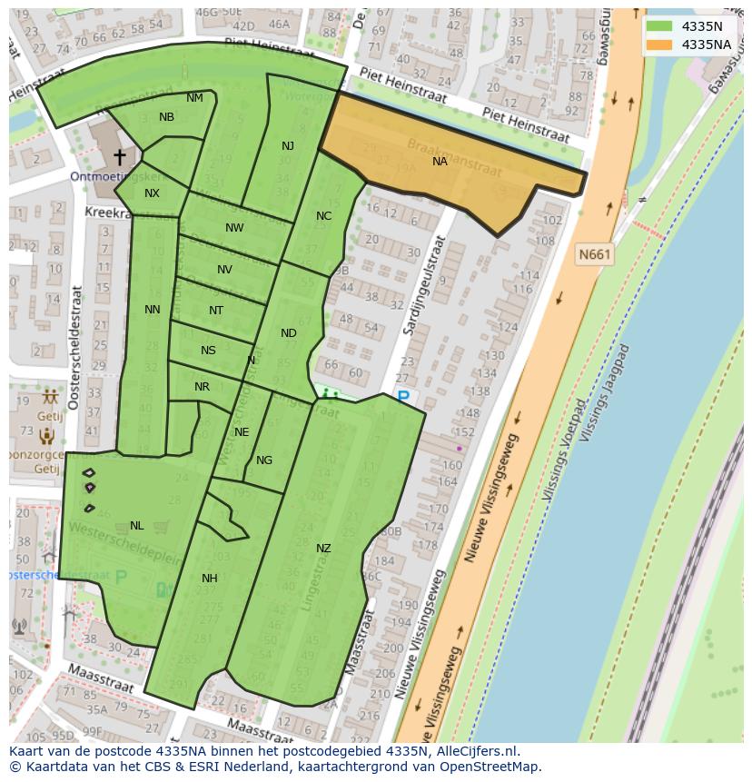 Afbeelding van het postcodegebied 4335 NA op de kaart.