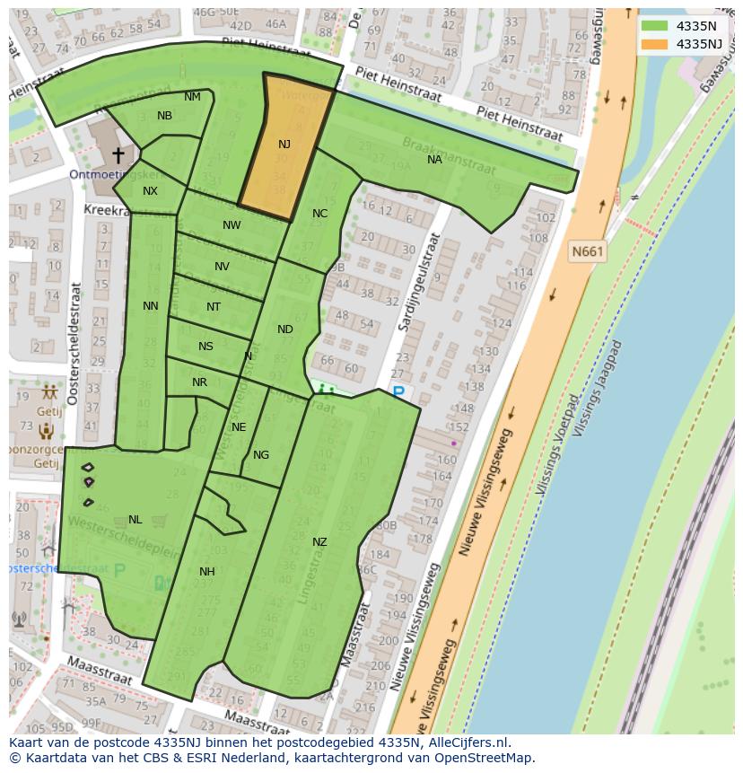 Afbeelding van het postcodegebied 4335 NJ op de kaart.