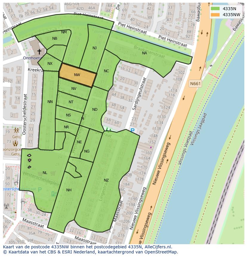 Afbeelding van het postcodegebied 4335 NW op de kaart.