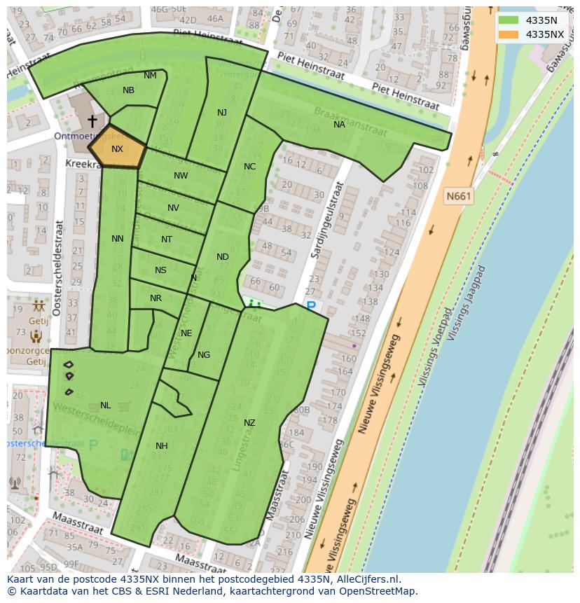 Afbeelding van het postcodegebied 4335 NX op de kaart.