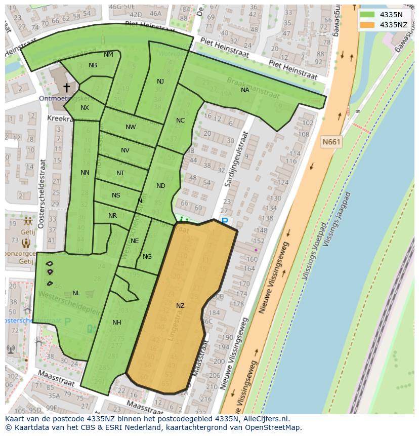 Afbeelding van het postcodegebied 4335 NZ op de kaart.