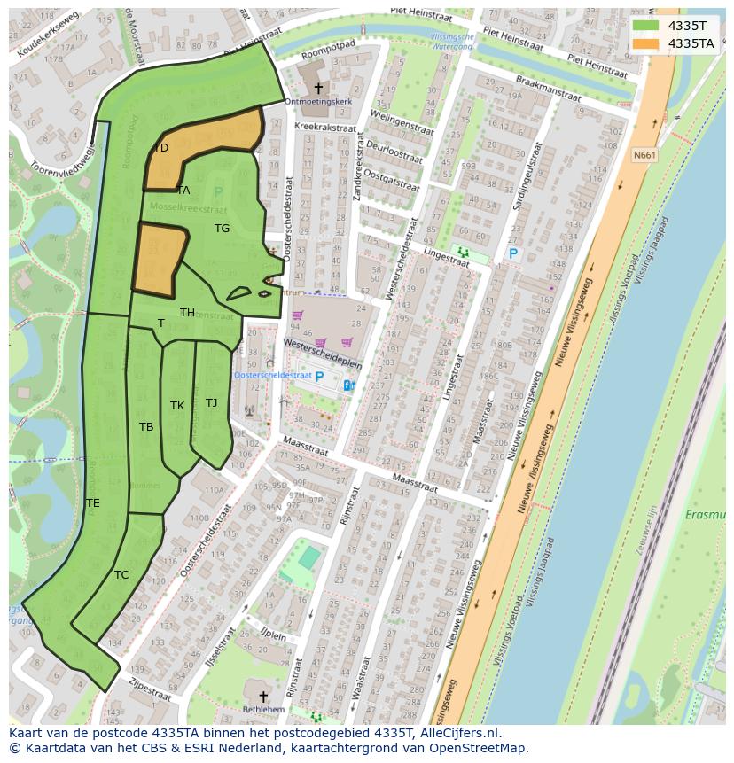 Afbeelding van het postcodegebied 4335 TA op de kaart.