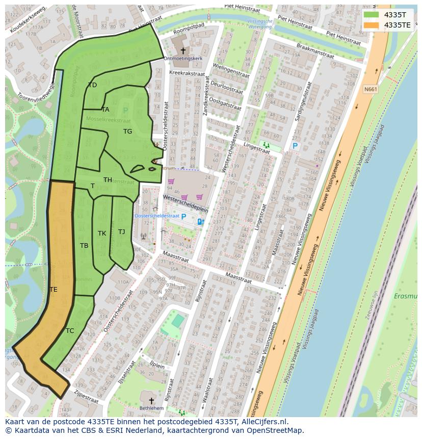 Afbeelding van het postcodegebied 4335 TE op de kaart.