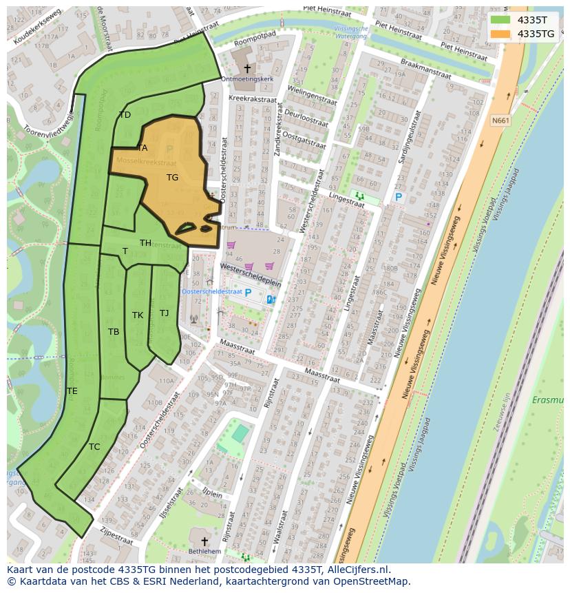 Afbeelding van het postcodegebied 4335 TG op de kaart.