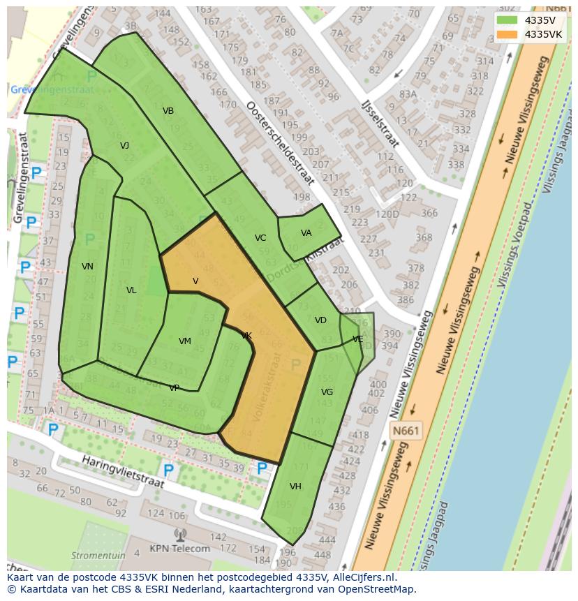 Afbeelding van het postcodegebied 4335 VK op de kaart.
