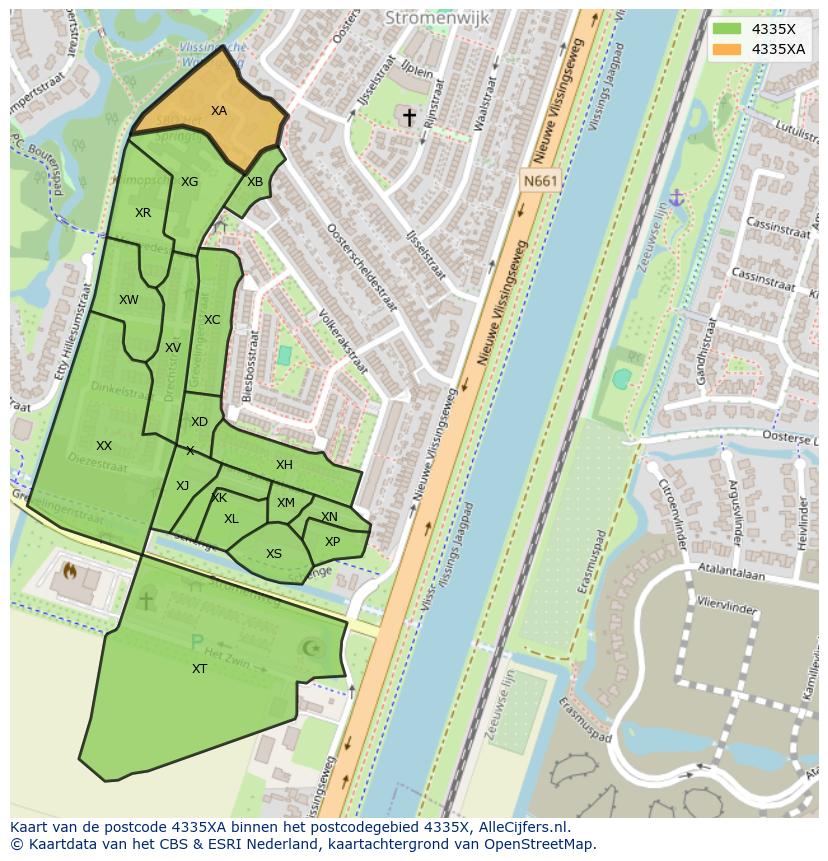 Afbeelding van het postcodegebied 4335 XA op de kaart.