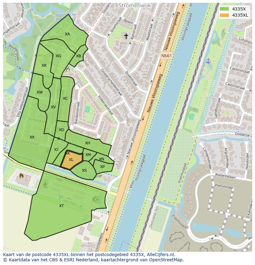 Afbeelding van het postcodegebied 4335 XL op de kaart.