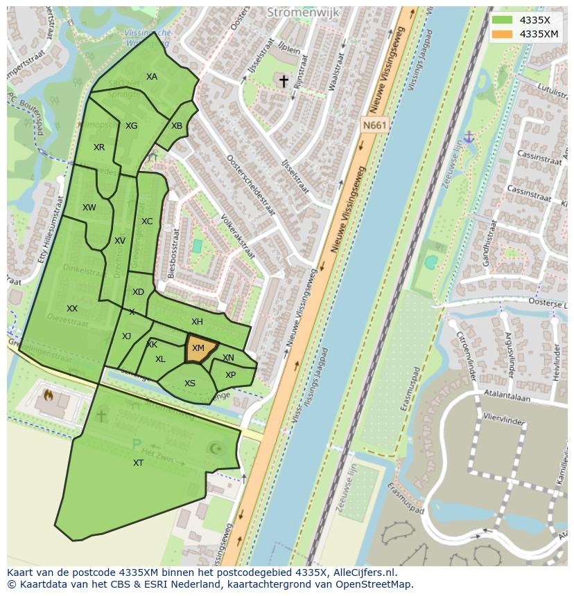 Afbeelding van het postcodegebied 4335 XM op de kaart.