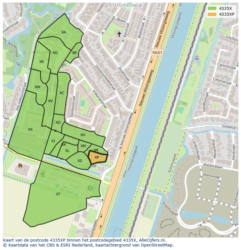 Afbeelding van het postcodegebied 4335 XP op de kaart.