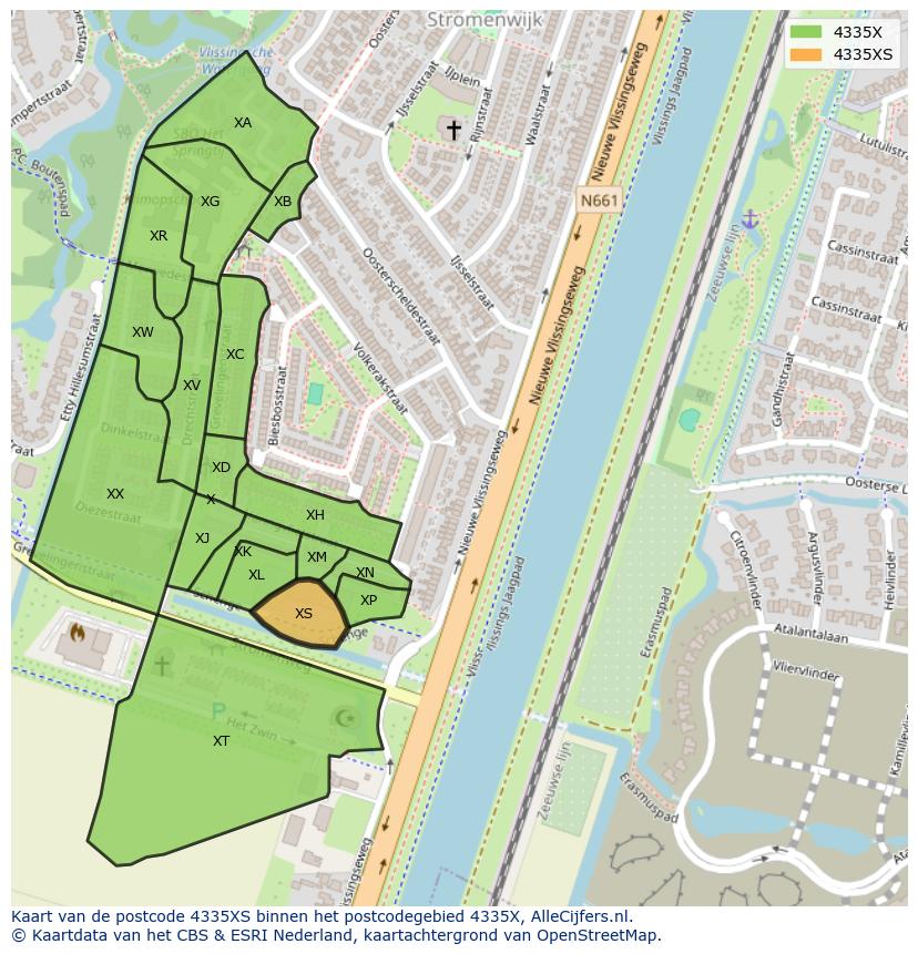 Afbeelding van het postcodegebied 4335 XS op de kaart.