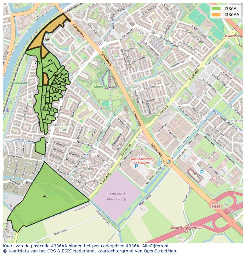 Afbeelding van het postcodegebied 4336 AA op de kaart.