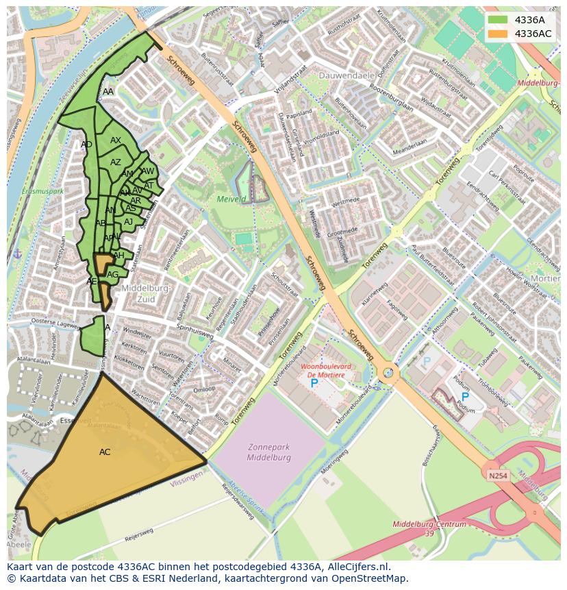 Afbeelding van het postcodegebied 4336 AC op de kaart.