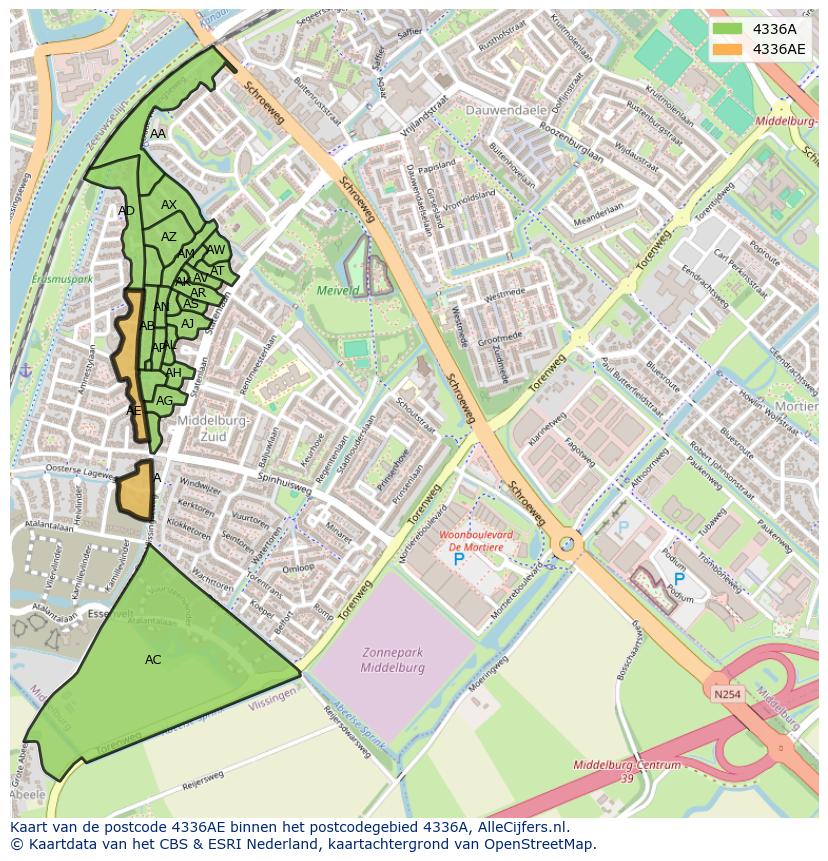 Afbeelding van het postcodegebied 4336 AE op de kaart.