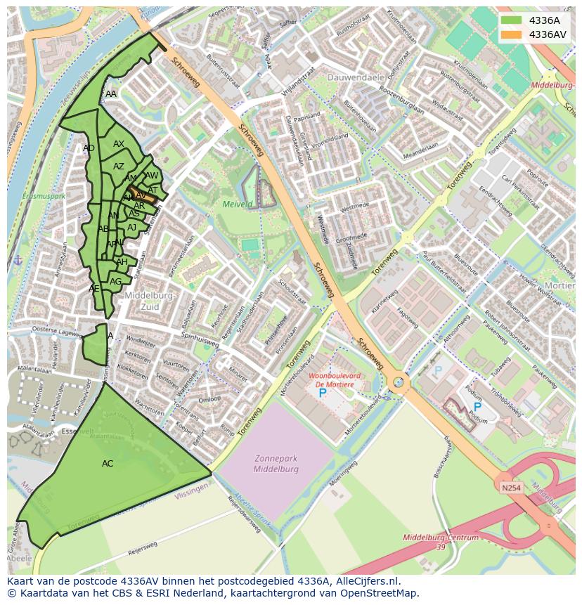 Afbeelding van het postcodegebied 4336 AV op de kaart.