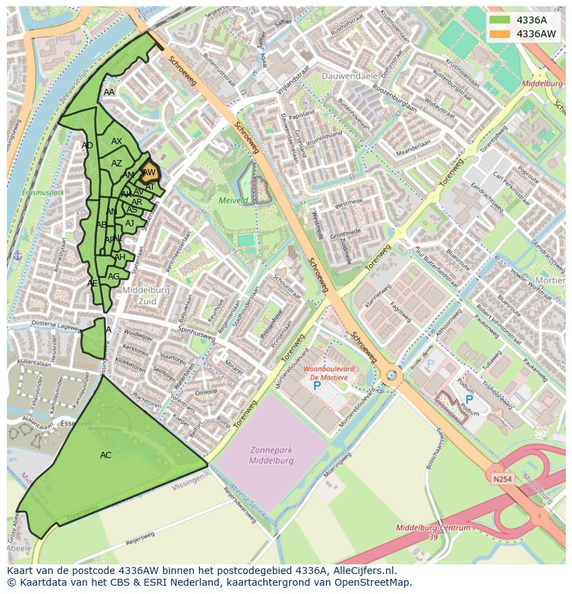 Afbeelding van het postcodegebied 4336 AW op de kaart.