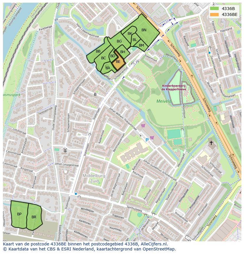 Afbeelding van het postcodegebied 4336 BE op de kaart.
