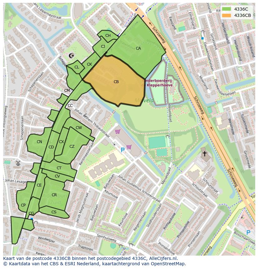 Afbeelding van het postcodegebied 4336 CB op de kaart.