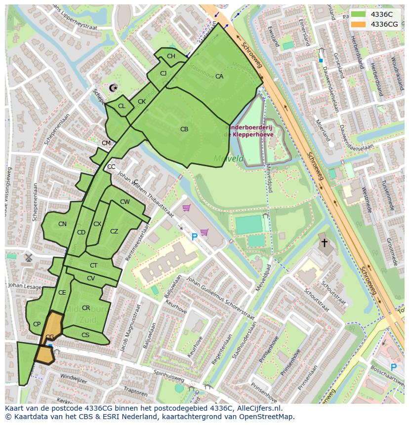 Afbeelding van het postcodegebied 4336 CG op de kaart.