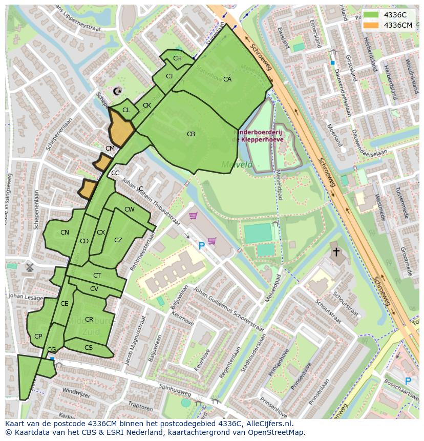 Afbeelding van het postcodegebied 4336 CM op de kaart.