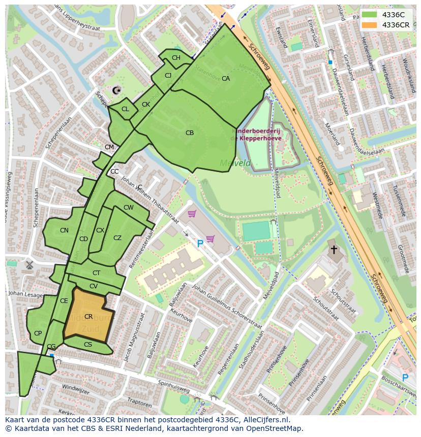 Afbeelding van het postcodegebied 4336 CR op de kaart.