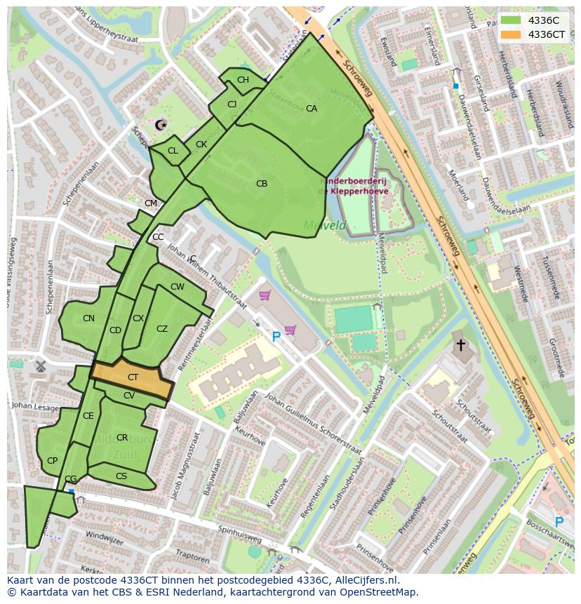 Afbeelding van het postcodegebied 4336 CT op de kaart.