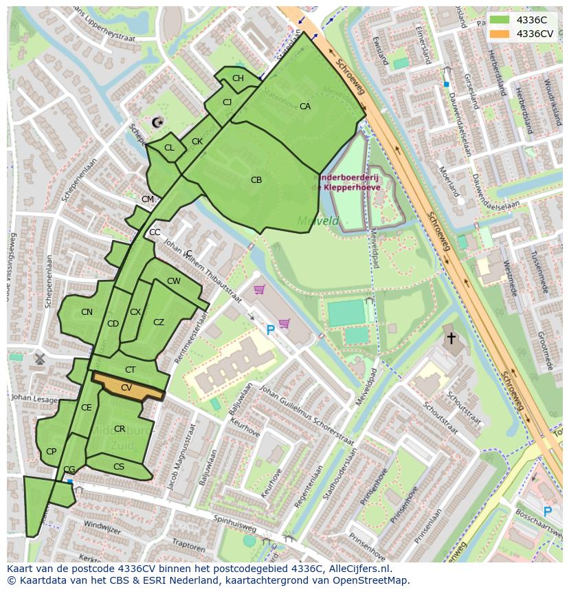 Afbeelding van het postcodegebied 4336 CV op de kaart.