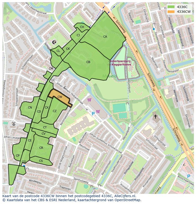Afbeelding van het postcodegebied 4336 CW op de kaart.