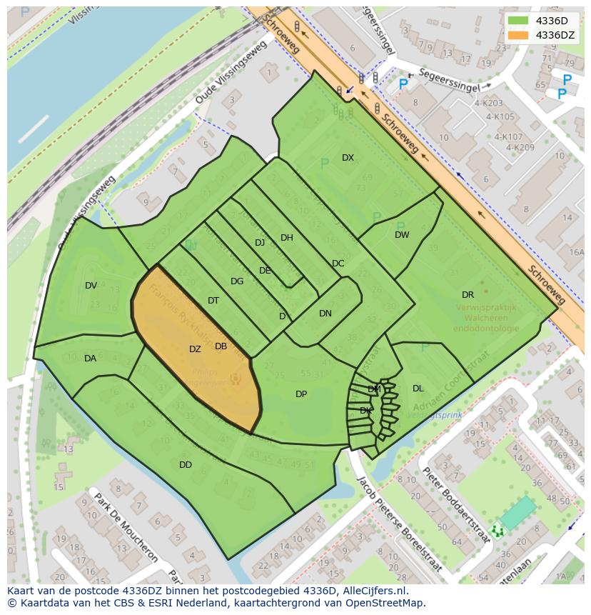 Afbeelding van het postcodegebied 4336 DZ op de kaart.