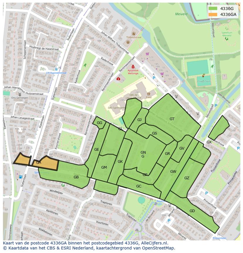Afbeelding van het postcodegebied 4336 GA op de kaart.