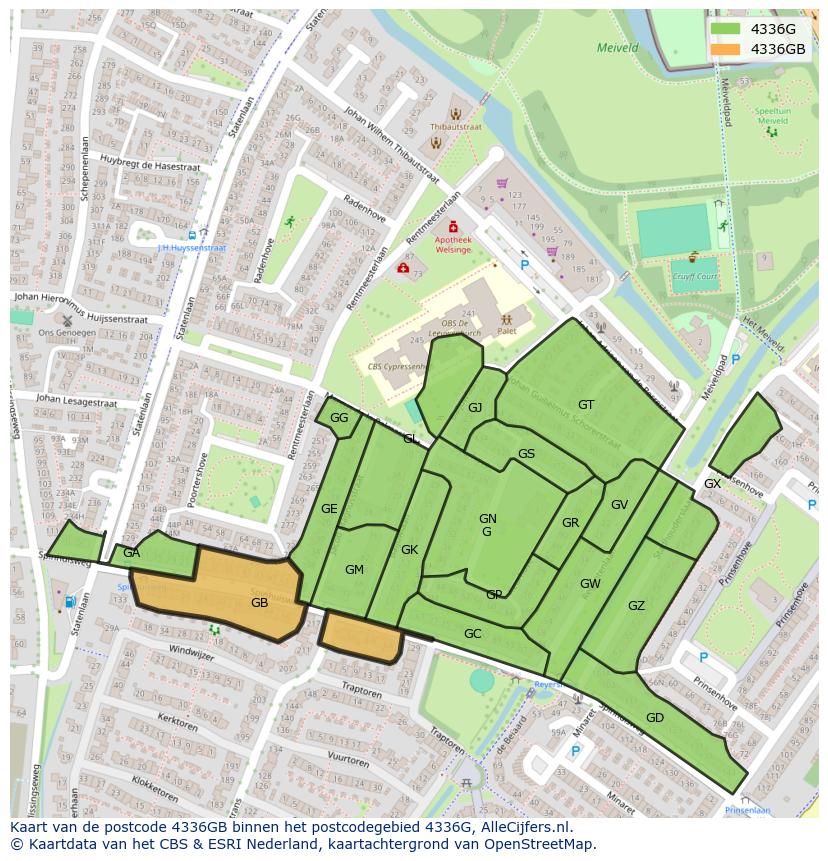 Afbeelding van het postcodegebied 4336 GB op de kaart.
